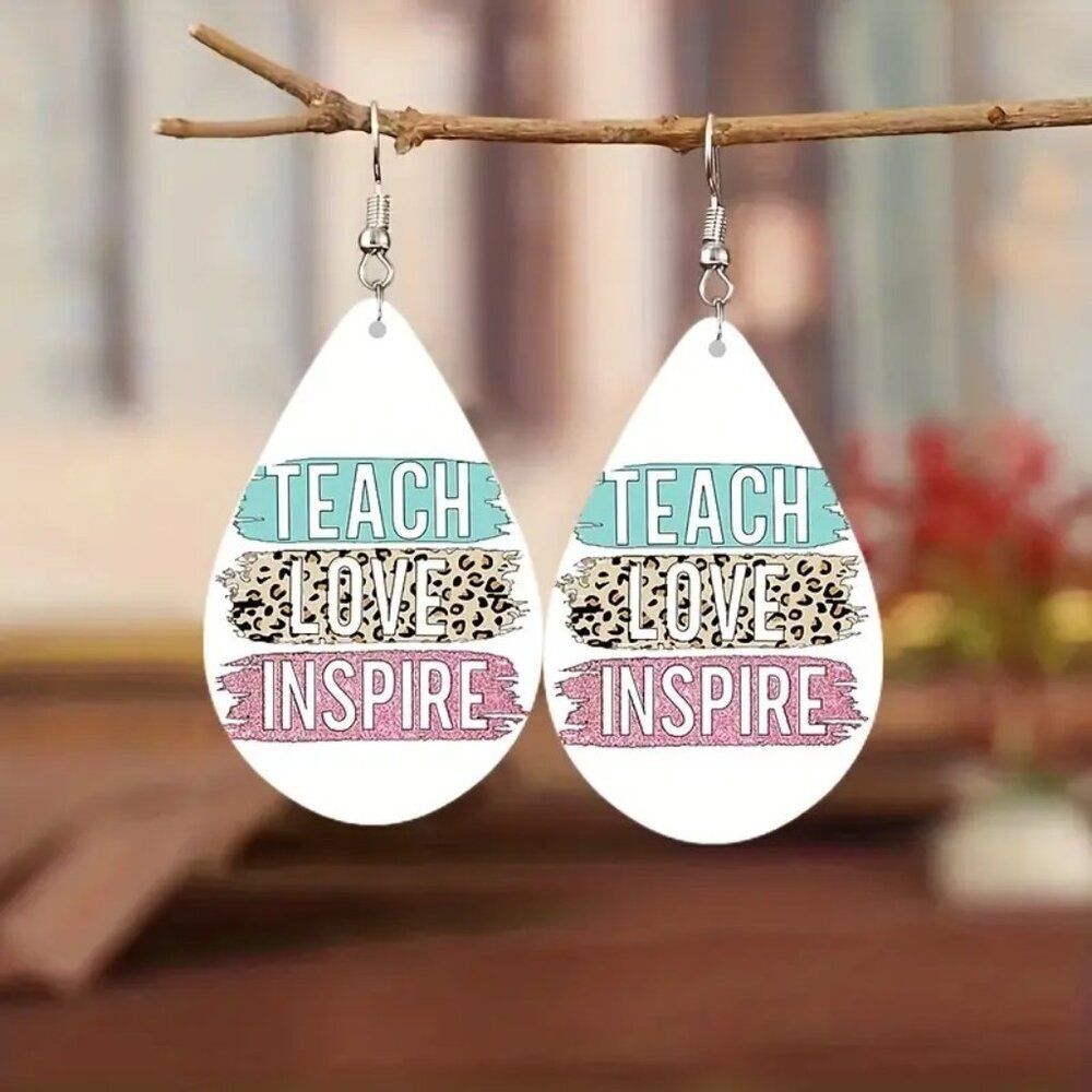 Teardrop Unique Wooden Dangle White Base Teacher Gift Colorful Earrings